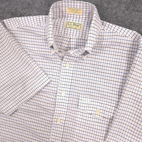 Vintage LL Bean Oxford Shirt Mens 15.5 Blue White Check Short Sleeve Made In USA - Picture 1 of 7
